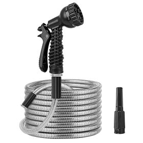 25FT/50FT/100FT Heavy Duty Stainless Steel Garden Hose Garden Watering Kit Metal Water Hose with 2 Nozzles 12 Patterns Flexible Extendable Kink T (Color: Gray, size: 50 ft)