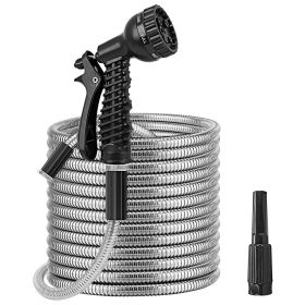 25FT/50FT/100FT Heavy Duty Stainless Steel Garden Hose Garden Watering Kit Metal Water Hose with 2 Nozzles 12 Patterns Flexible Extendable Kink T (Color: Gray, size: 100 ft)