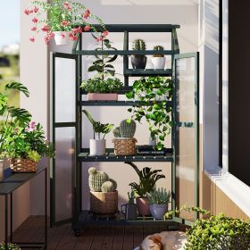 62 inch Height Wood Large Greenhouse Balcony Portable Cold Frame with Wheels and Adjustable Shelves for Outdoor Indoor Use (Color: Green)
