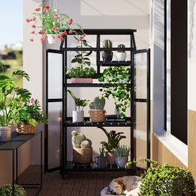 62 inch Height Wood Large Greenhouse Balcony Portable Cold Frame with Wheels and Adjustable Shelves for Outdoor Indoor Use (Color: Black)